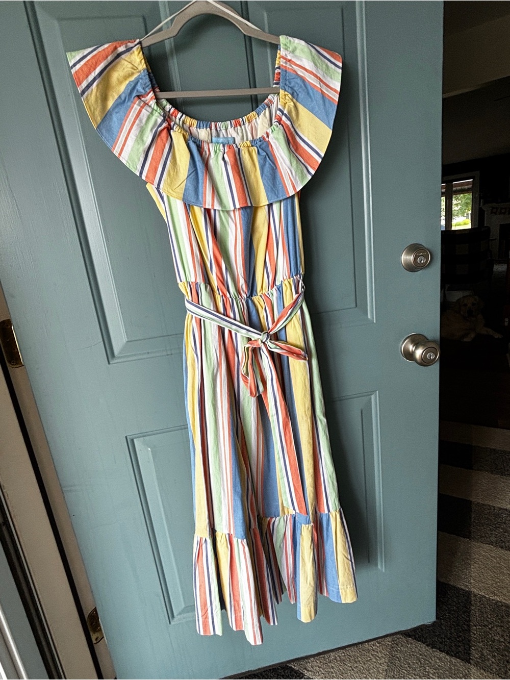 Striped Off-Shoulder Ruffle Maxi Dress in Multicolor